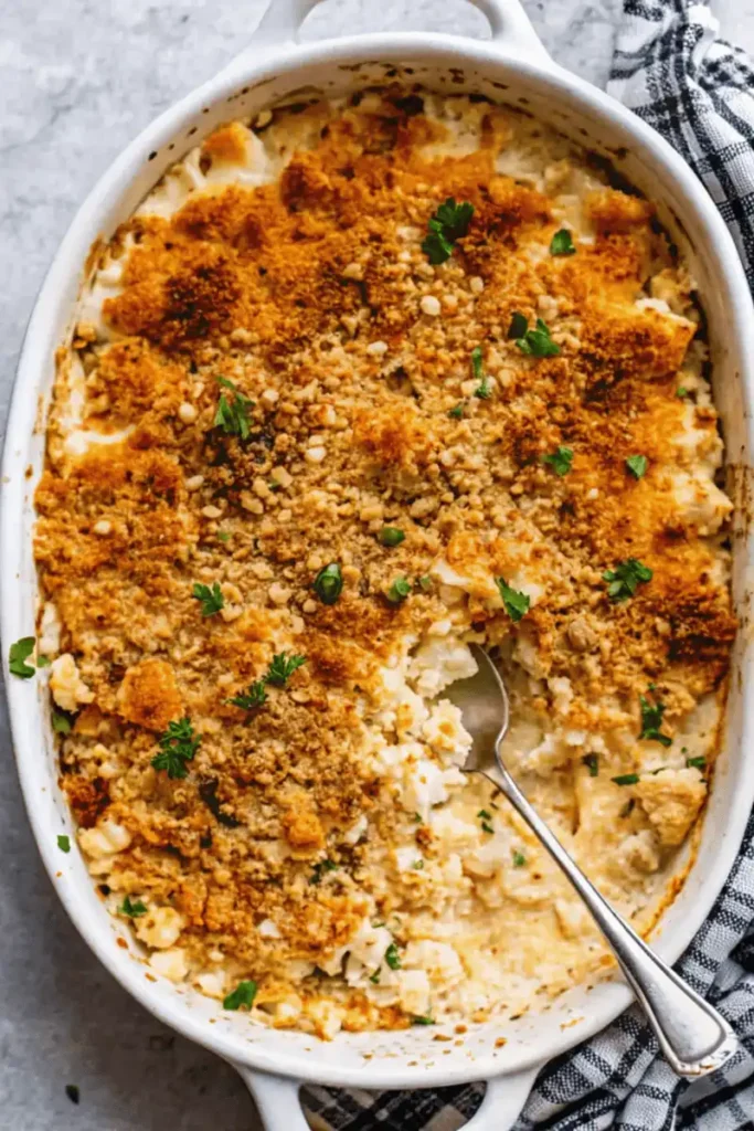 Golden baked Million Dollar Chicken Casserole with buttery cracker topping in a white casserole dish.