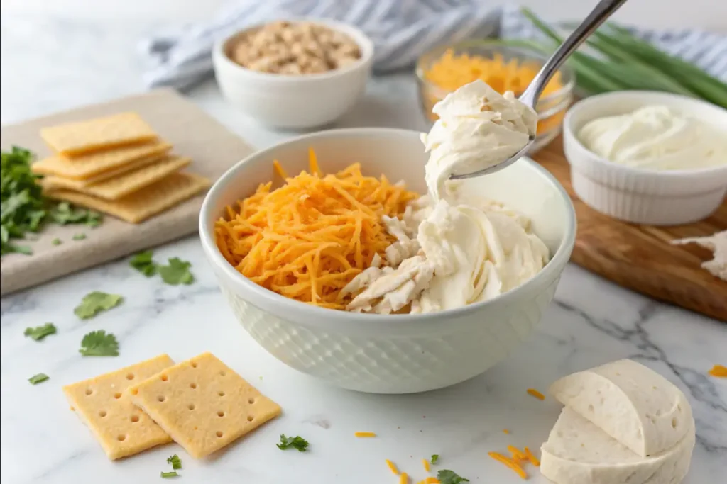 A bowl with shredded cheddar cheese, softened cream cheese, and chicken being mixed together with a spoon.