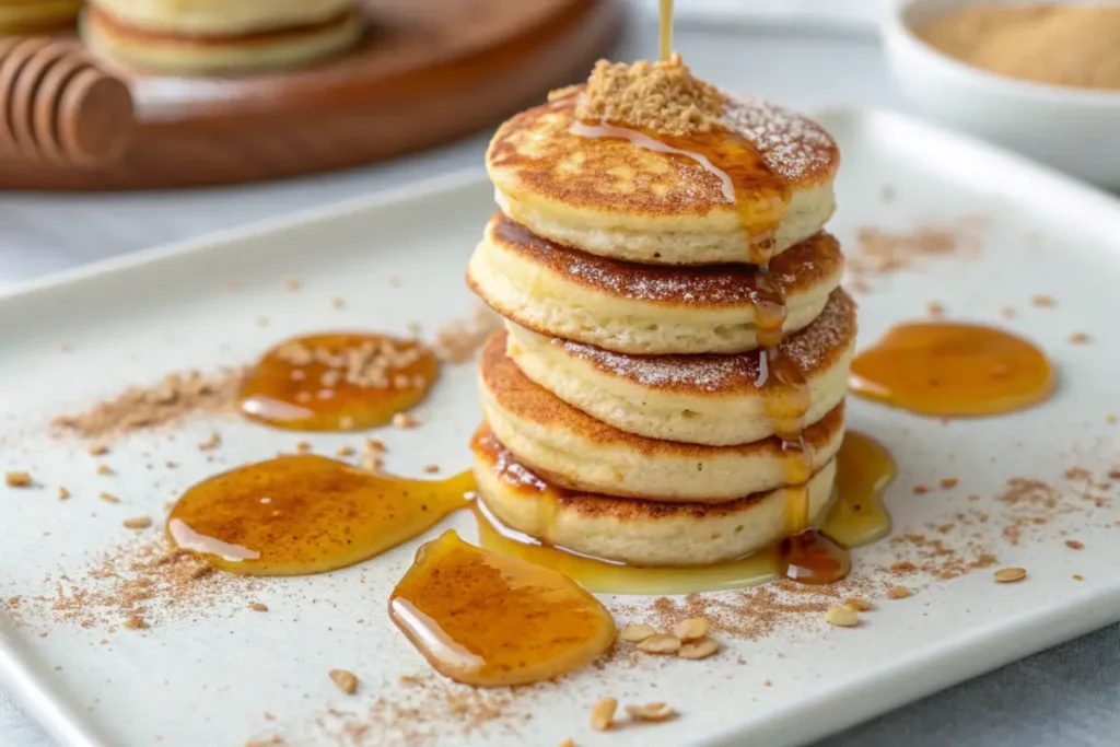 A stack of golden mini pancakes on a white plate drizzled with syrup, surrounded by dollops of syrup and sprinkled brown sugar.