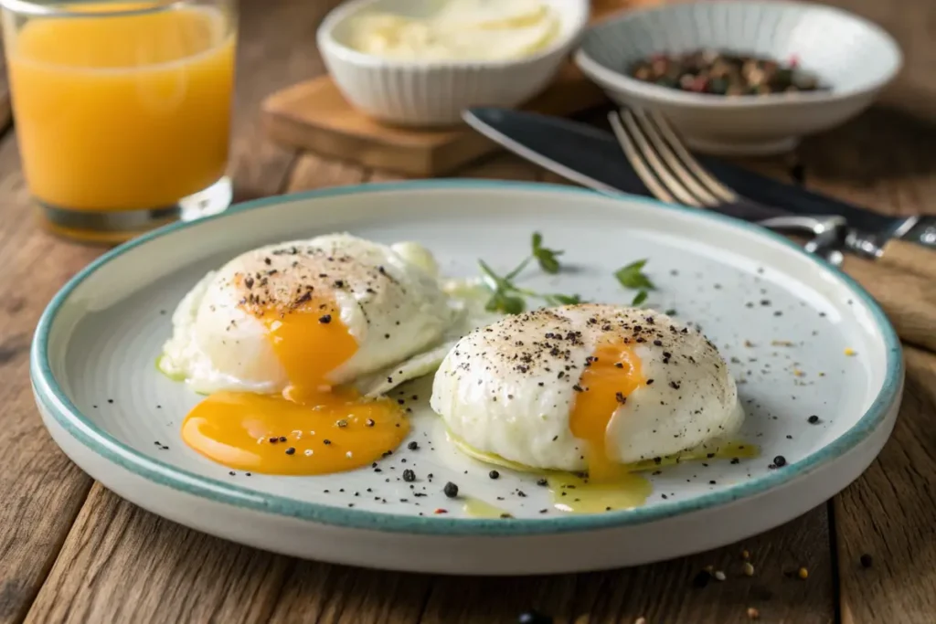 Two perfectly cooked over medium eggs on a white plate with a soft yolk spilling out, garnished with black pepper, and a rustic breakfast setup in the background.