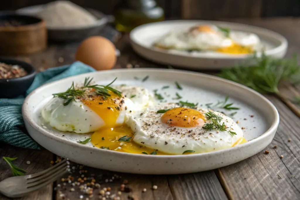 Two over medium eggs with golden yolks and garnished with fresh herbs, served on a rustic plate with scattered spices on a wooden table.