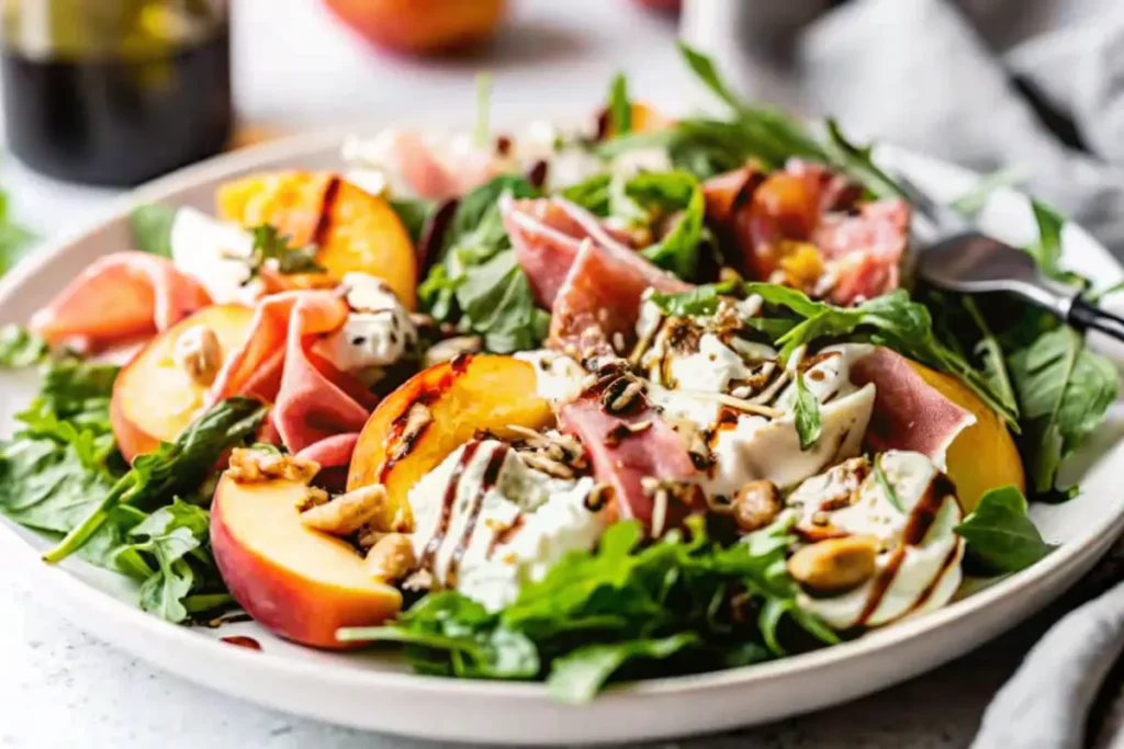 Peach burrata salad with arugula, creamy burrata, fresh peaches, and balsamic glaze, served on a modern white plate.