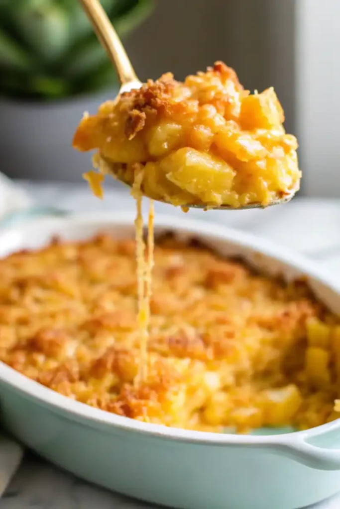 Close-up of pineapple casserole in a white dish, topped with golden cracker crumbs.