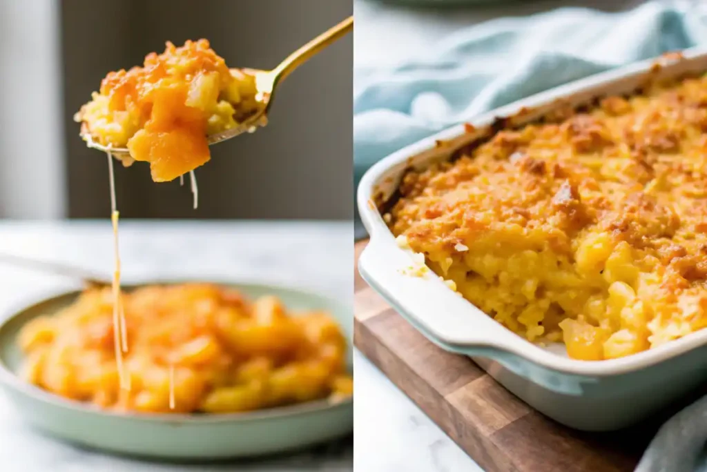 A golden brown pineapple casserole on a spoon, showing melted cheese strands.