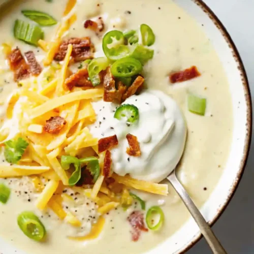 A creamy bowl of potato soup topped with shredded cheese, green onions, and sour cream.