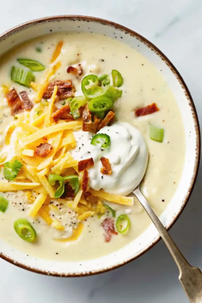 A creamy bowl of potato soup topped with shredded cheese, green onions, and sour cream.