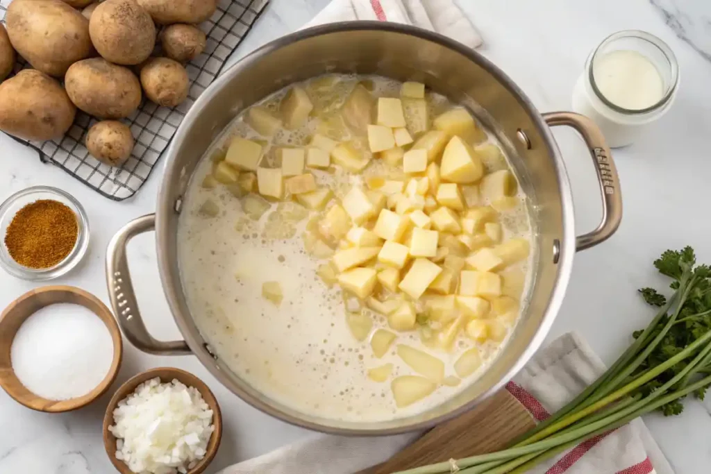 Diced potatoes and onions cooking in a large pot with creamy milk for creating 4 ingredient potato soup.