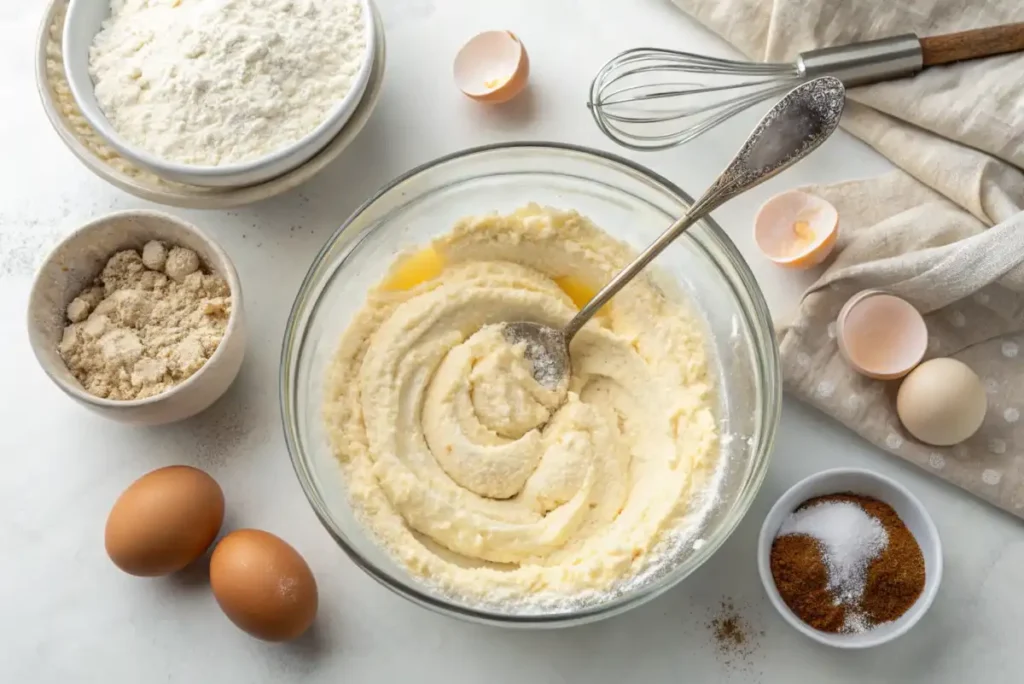 Bowl of cottage cheese flatbread batter surrounded by ingredients like eggs, flour, and spices on a white countertop.