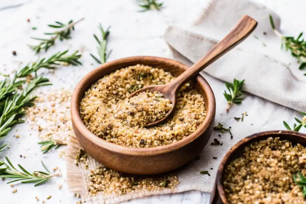 Herb and spice blend for prime rib in a wooden bowl