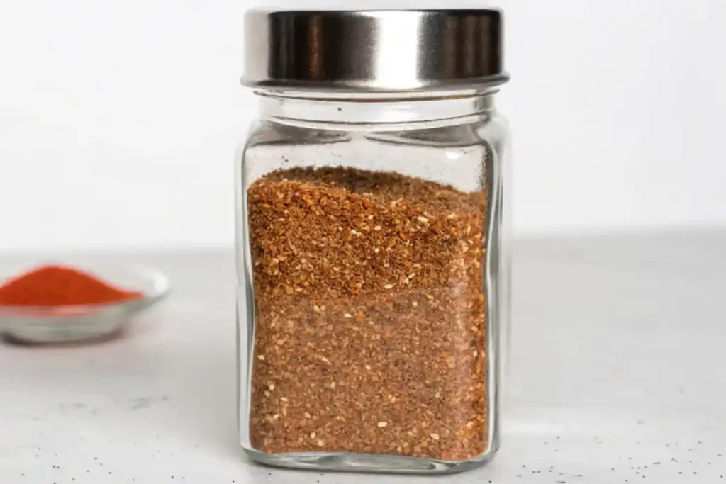 Jar of homemade dry rub with visible spices