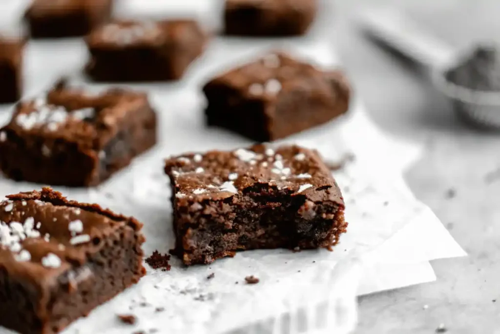 Close-up of a protein brownie with a bite taken out, surrounded by more brownies on a parchment-lined surface.