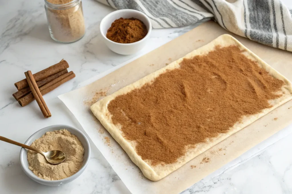 Top-down view of dough rolled out on parchment paper, sprinkled evenly with a cinnamon sugar mixture. A rolling pin, a bowl of cinnamon sugar, and a bowl of cinnamon sticks are arranged neatly on a marble countertop.