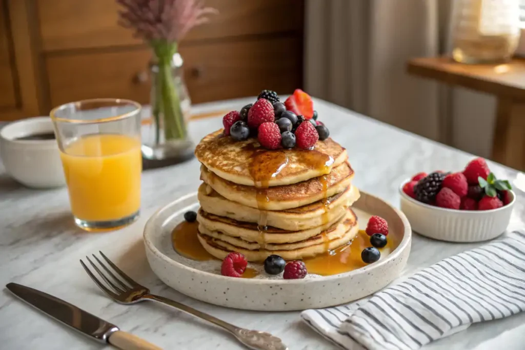 A stack of fluffy sourdough pancakes topped with fresh raspberries, blueberries, a pat of butter, and drizzled with golden maple syrup, served on a wooden plate.