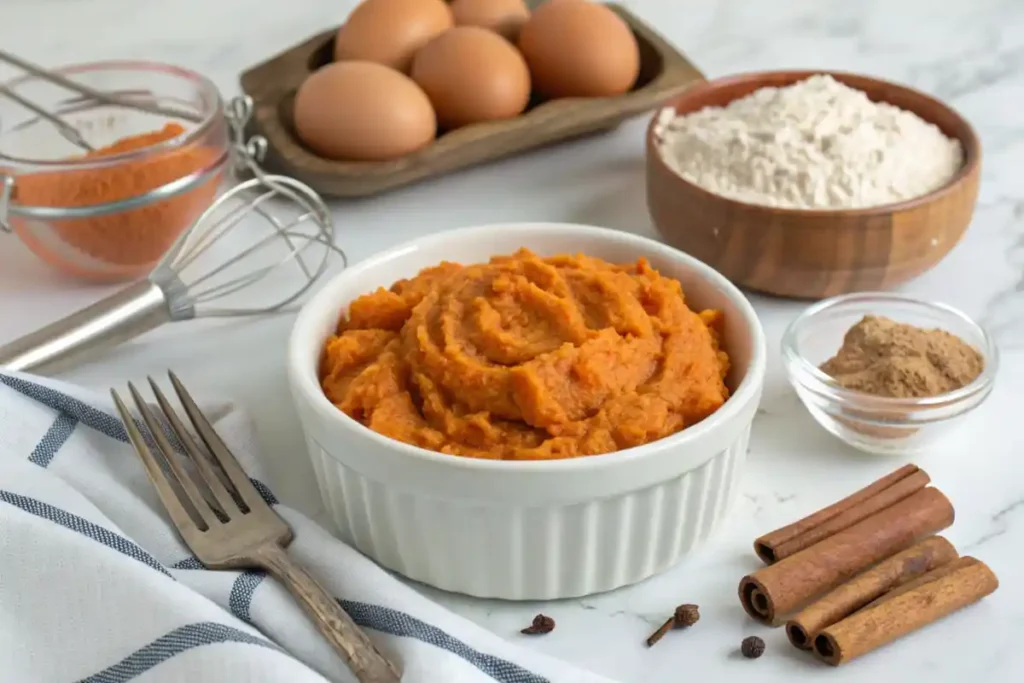 Mashed sweet potatoes in a bowl with eggs, flour, and spices surrounding it on a marble countertop.