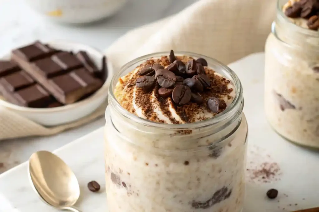 A close-up of a jar of tiramisu overnight oats topped with coffee beans, cocoa powder, and swirls of cream, placed near a block of chocolate.