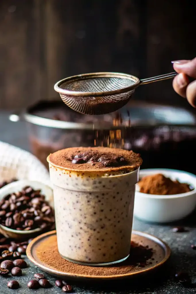 A cup of tiramisu overnight oats with chia seeds, topped with cocoa powder and coffee beans, while a hand sifts cocoa powder over it, adding a dramatic touch.