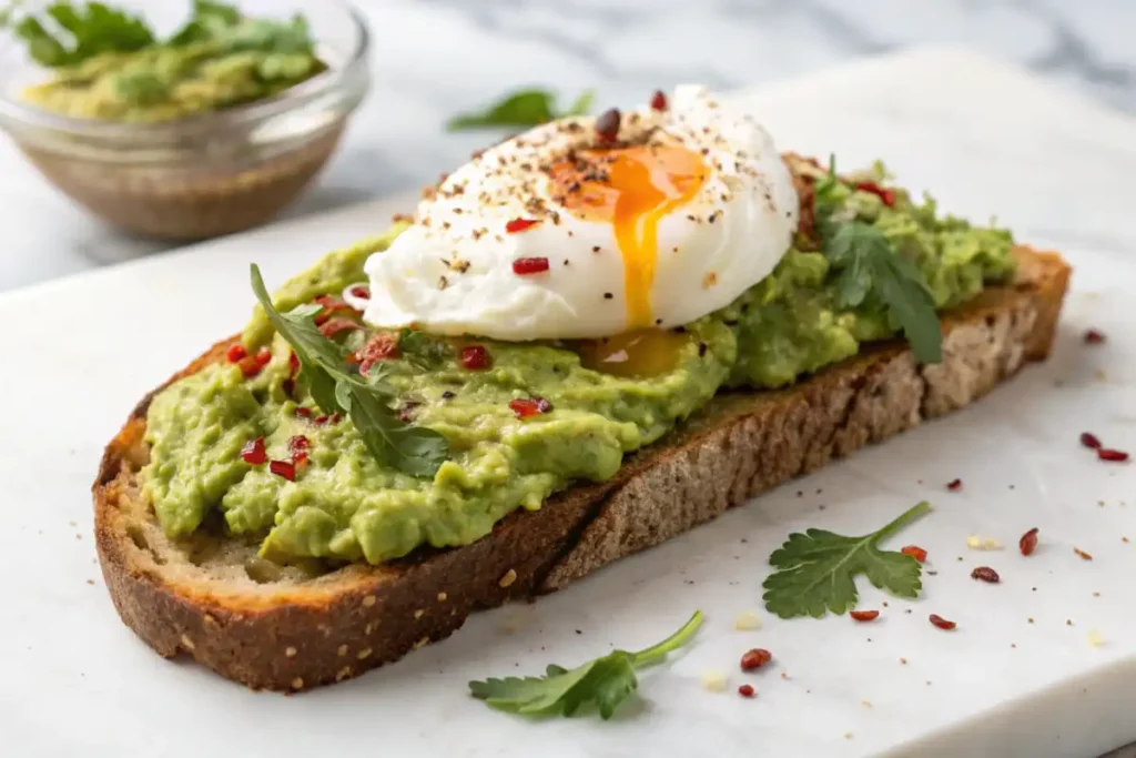 A slice of sourdough toast topped with mashed avocado, a poached egg, chili flakes, and fresh parsley, served on a ceramic plate.