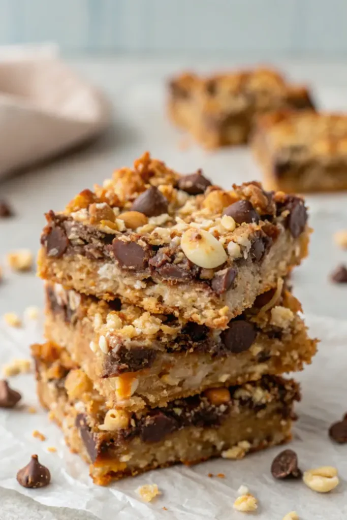 A stack of seven layer bars on parchment paper, showcasing rich chocolate chips, coconut, and nuts in a modern presentation.