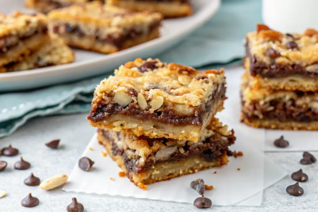 Sliced seven layer bars on a white surface, highlighting gooey chocolate and golden crust layers.