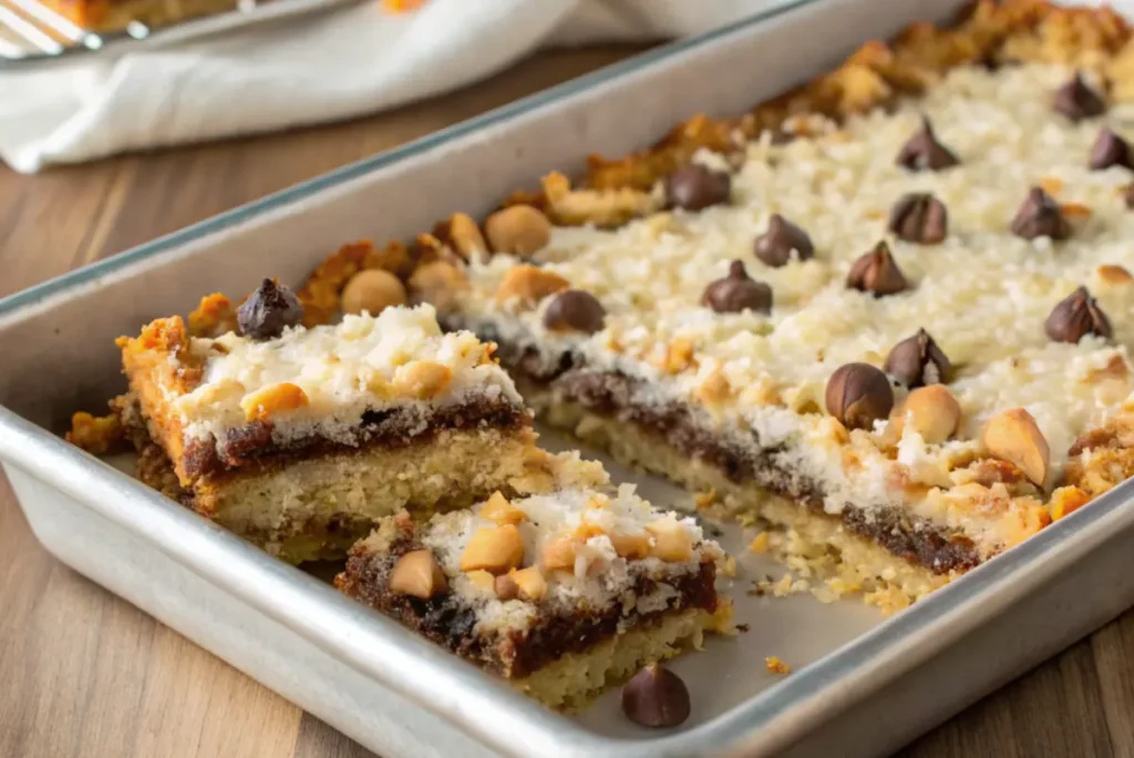 Freshly baked seven layer bars in a rectangular pan with visible layers of coconut, chocolate, and butterscotch chips.