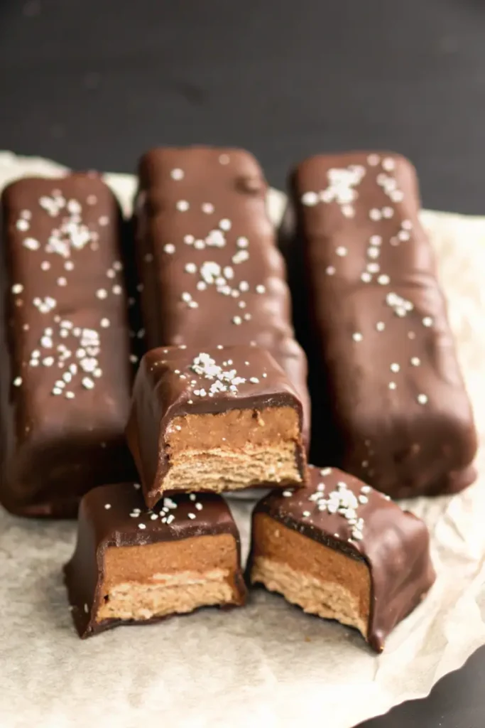 Chocolate protein bars topped with sea salt on parchment paper