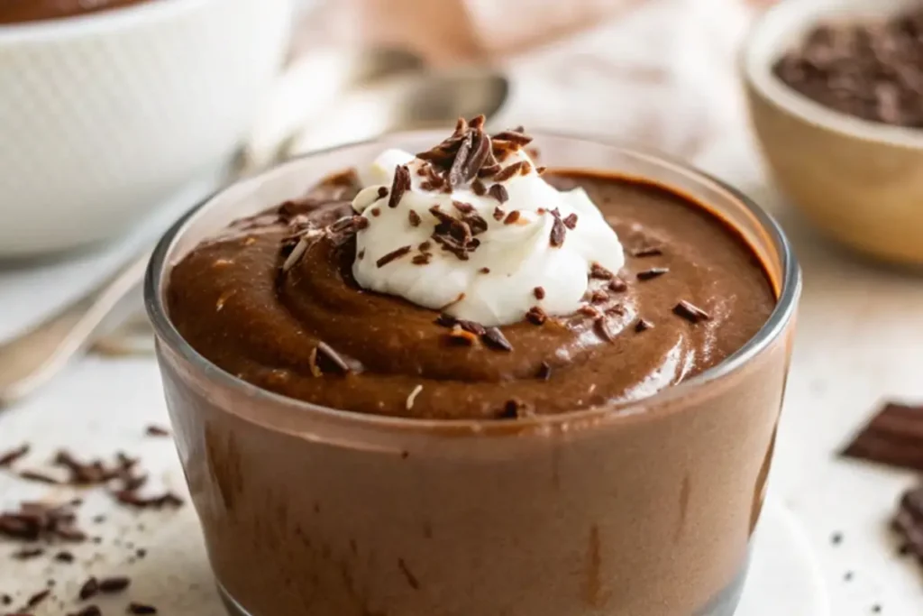 Chocolate protein mousse topped with whipped cream and chocolate shavings