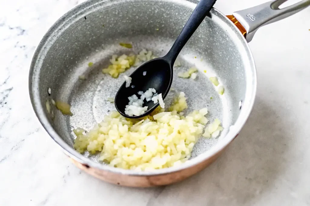 Sautéing onions and garlic for the baked beans recipe in a skillet