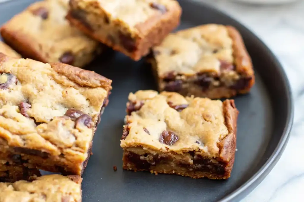 Close-up of freshly baked blondies with chocolate chips, placed on a dark plate.