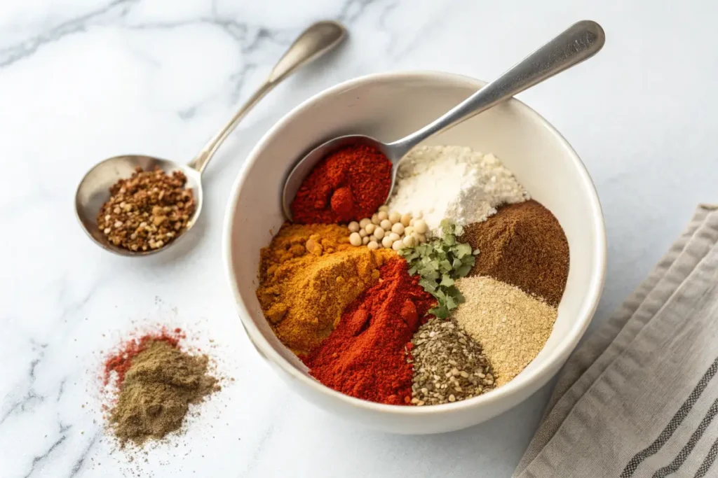 A white bowl containing various colorful spices, including paprika, cumin, and garlic powder, ready to be mixed for chicken taco seasoning.