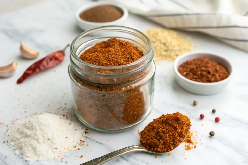 A glass jar filled with homemade chicken taco seasoning surrounded by scattered spices, showcasing a vibrant mix of chili powder, cumin, and paprika.