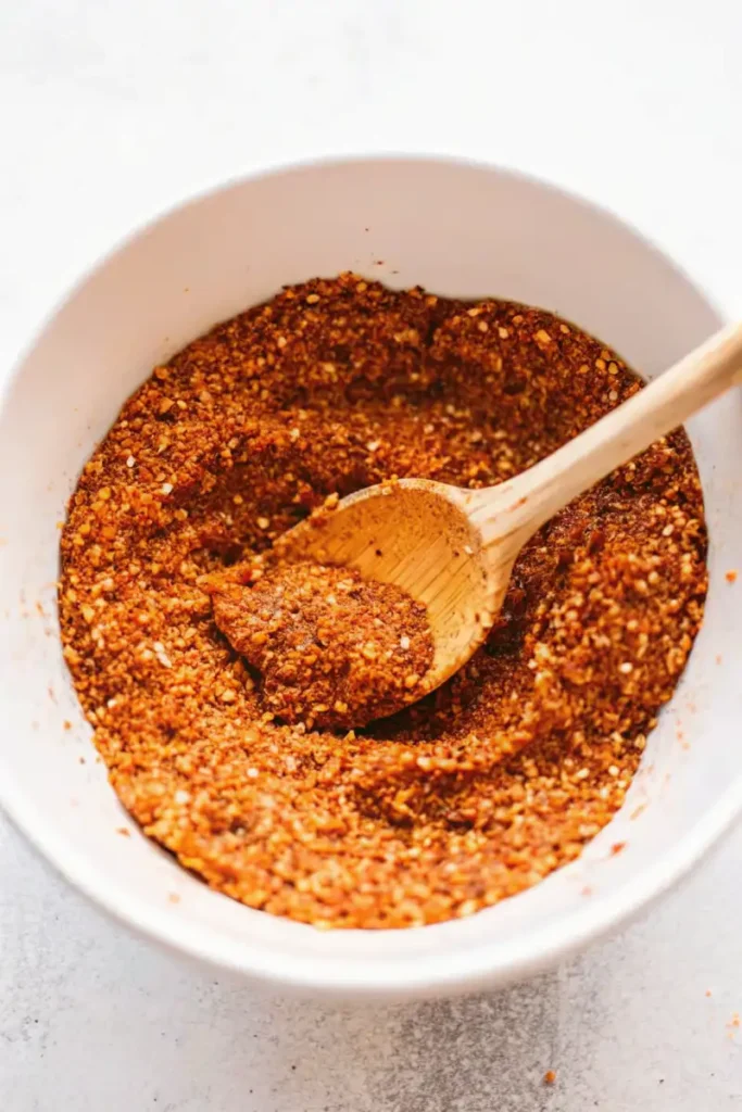 A wooden spoon inside a white bowl of freshly mixed chicken taco seasoning, highlighting the texture and blend of spices.