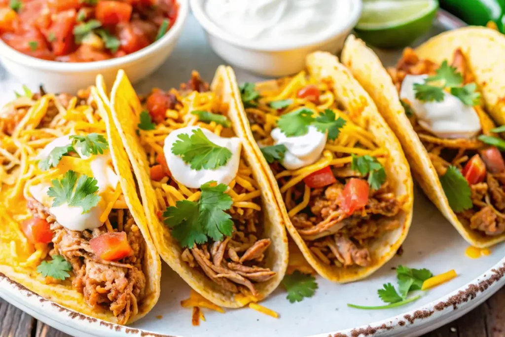 Four chicken tacos in crispy shells topped with shredded cheese, sour cream, and fresh cilantro.