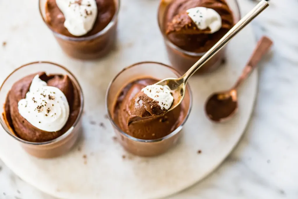 Chocolate protein pudding served in small glass cups topped with whipped cream