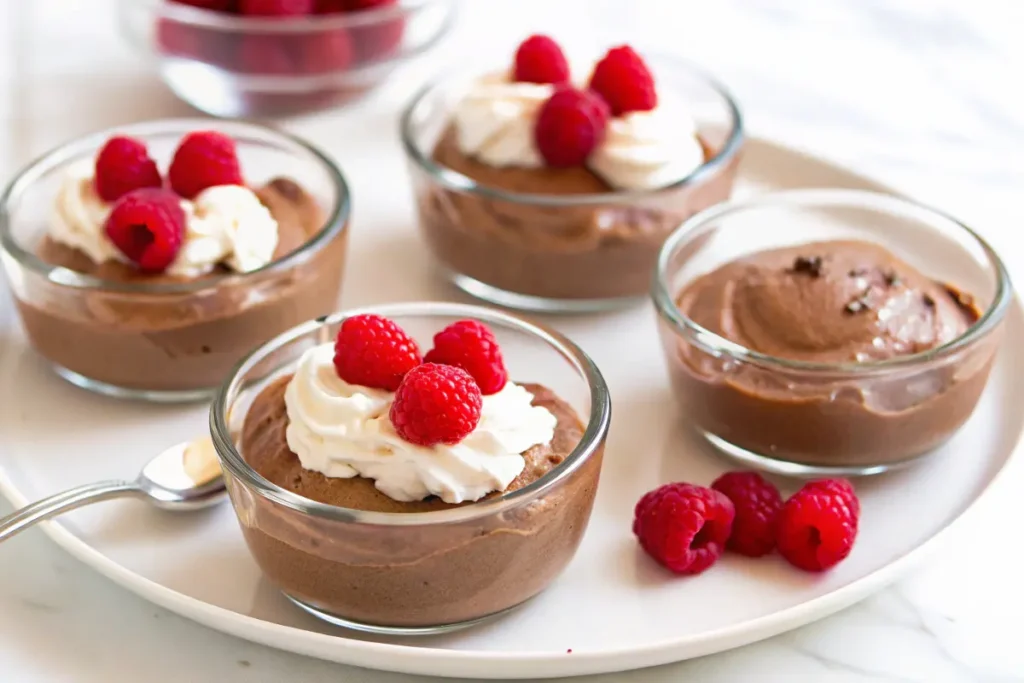 Chocolate protein pudding topped with raspberries and whipped cream, served in glass bowls