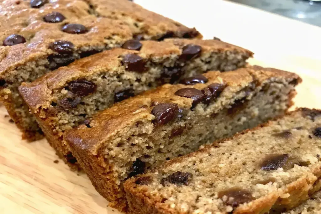 Thick slices of banana bread with chocolate chunks served on a rustic wooden board.