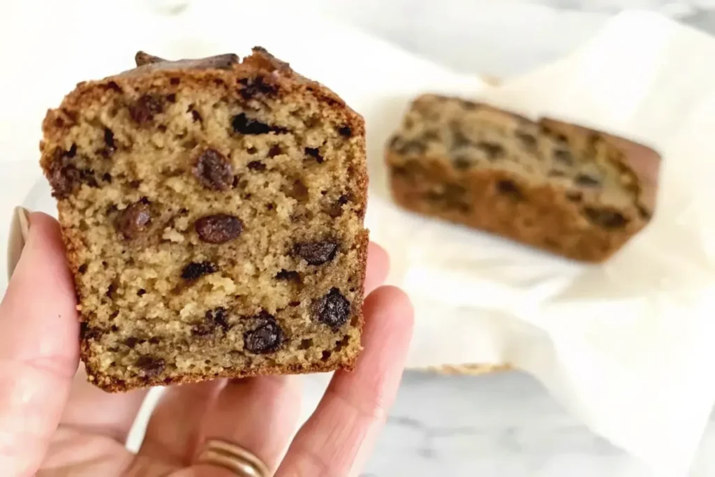 A hand holding a slice of moist banana bread with visible chocolate chips inside.