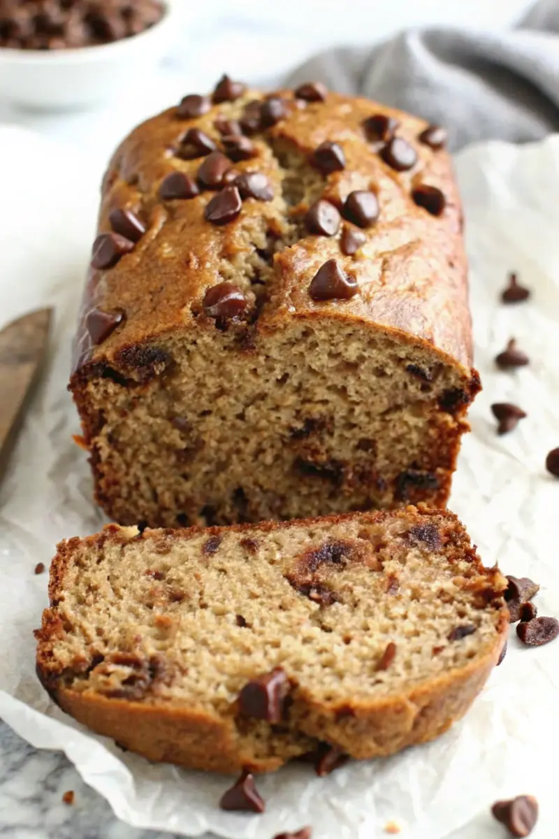 A freshly baked loaf of cottage cheese banana bread topped with sliced bananas and chocolate chunks.