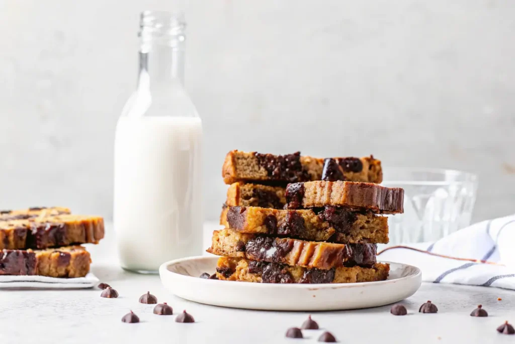 Stacked slices of chocolate-studded banana bread on a white plate next to a milk bottle.