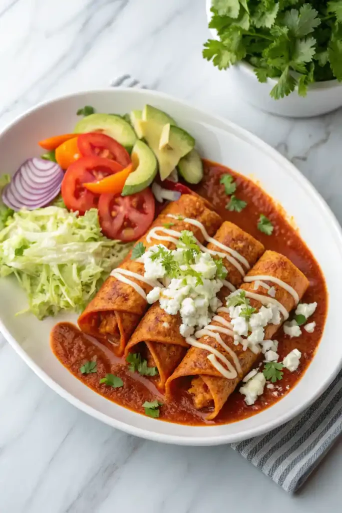 Enchiladas Michoacanas with sour cream drizzle, cheese, and avocado slices