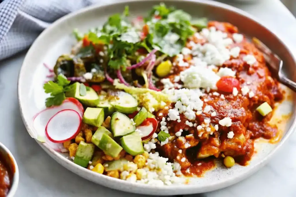 Enchiladas Michoacanas served with roasted vegetables, avocado, and queso fresco