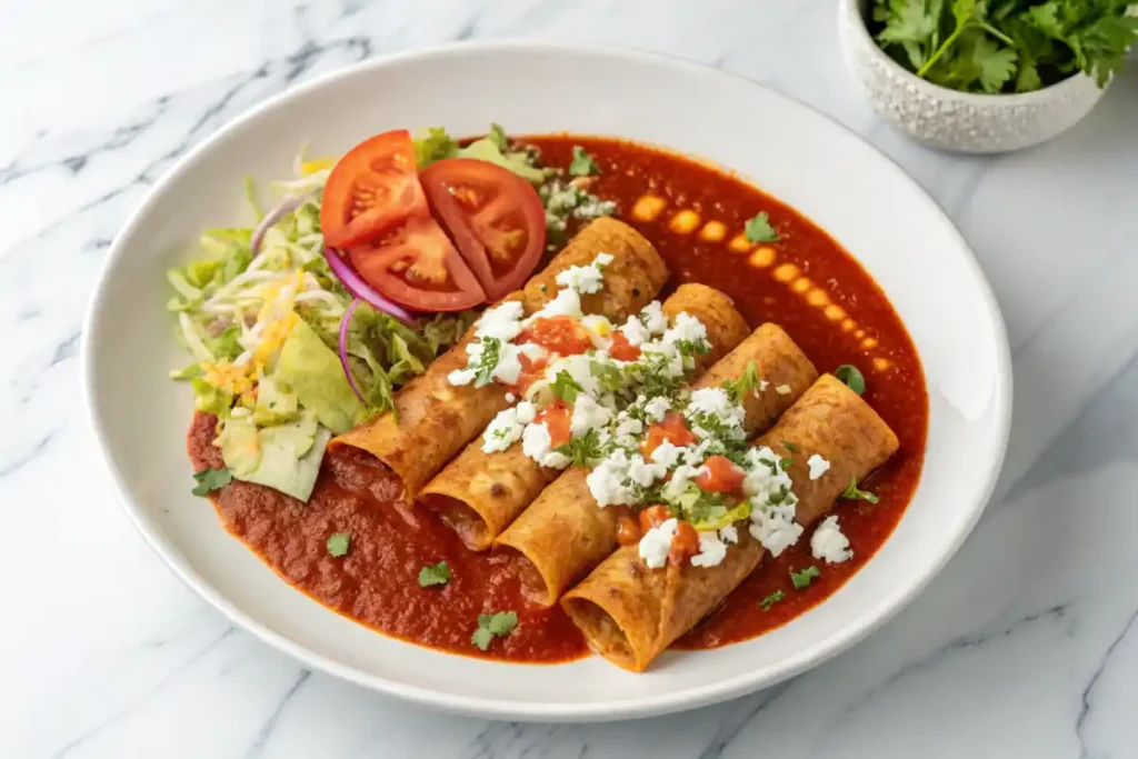 A plate of enchiladas Michoacanas with queso fresco, lettuce, and sliced tomatoes