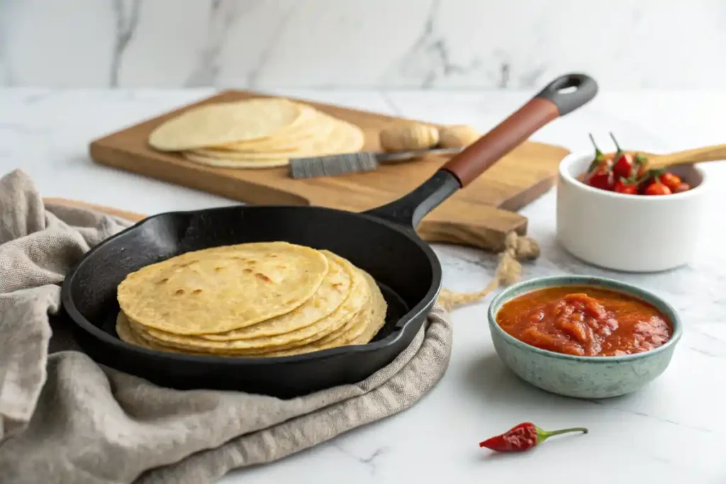 Freshly made corn tortillas in a skillet with red chili sauce