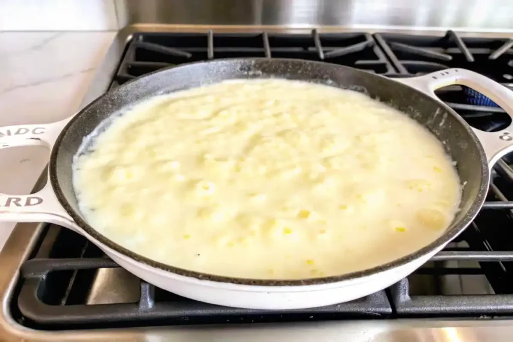 A skillet of creamy Alfredo sauce simmering on a stovetop