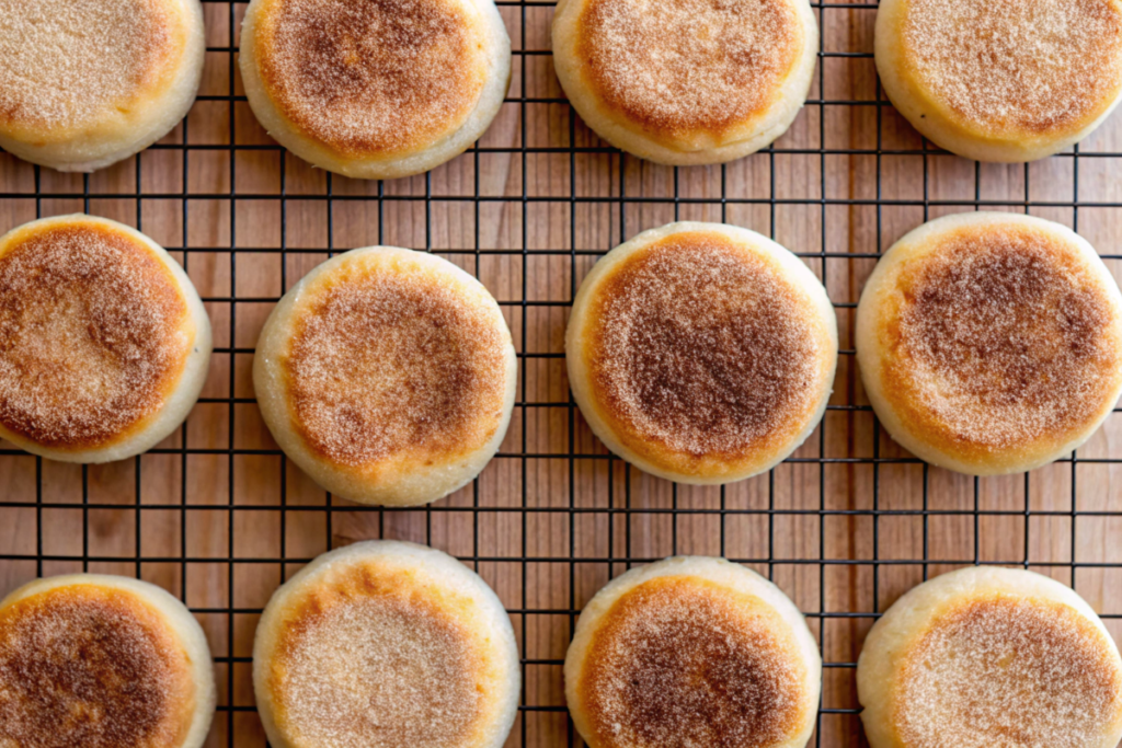 Rows of perfectly cooked gluten-free English muffins on a wire rack.