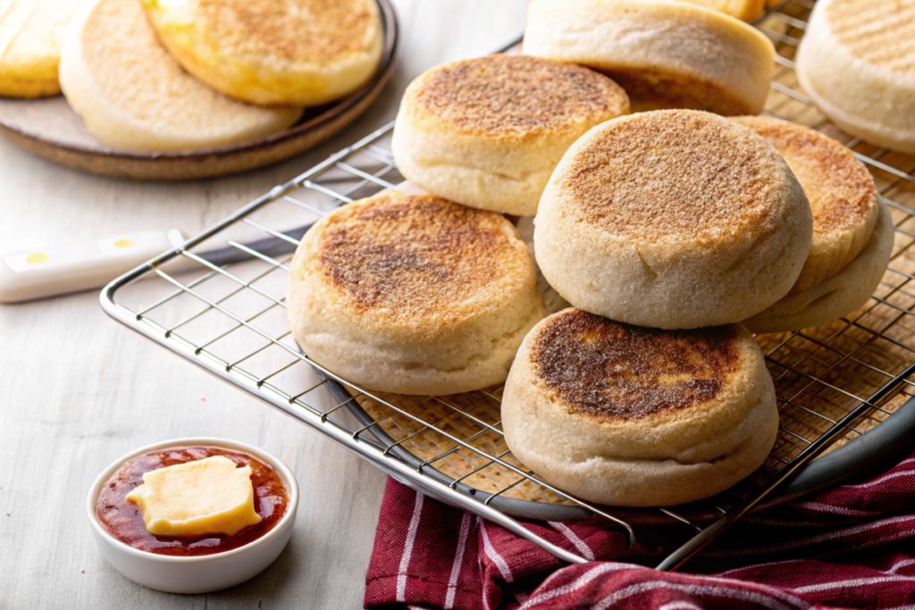 Close-up of gluten-free English muffins on a wire rack with golden crust and airy texture.