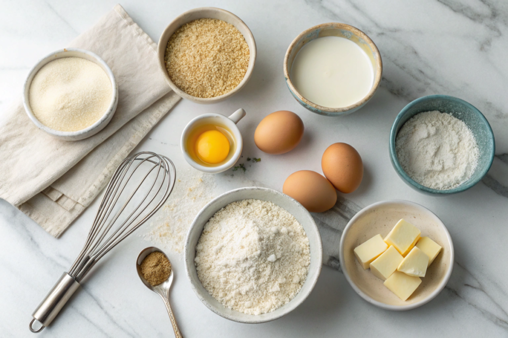 Ingredients for gluten-free English muffins, including flour, eggs, and butter on a marble surface.