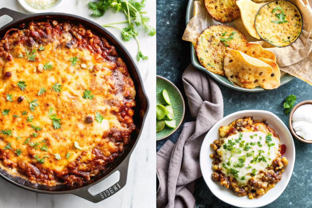 Hot taco dip in a skillet topped with melted cheese, served with crispy tortillas and fresh herbs.