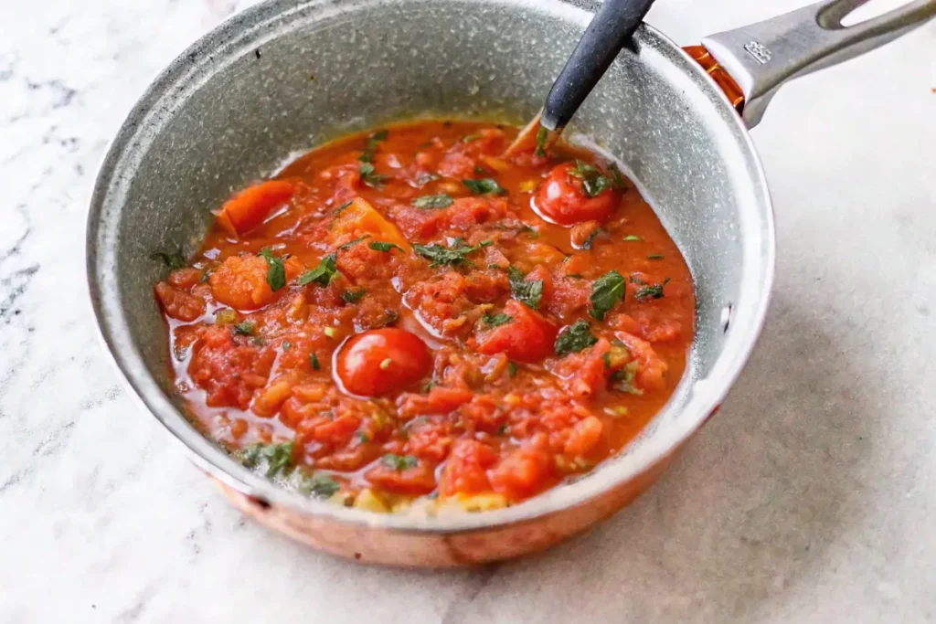 Tomato-based sauce with cherry tomatoes for the baked beans recipe