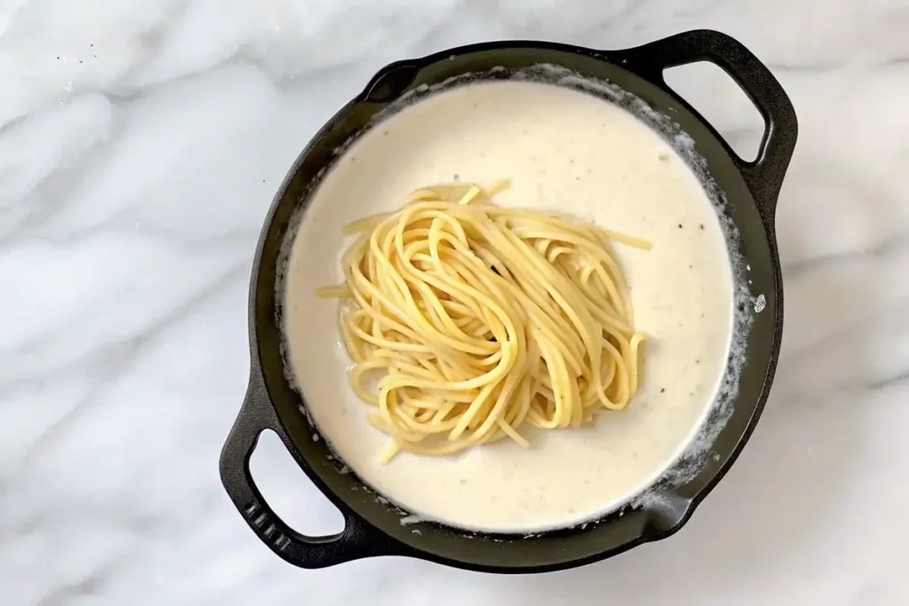 A skillet with creamy sauce and uncooked spaghetti in the center