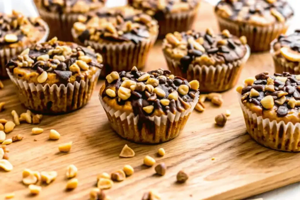 Peanut butter cupcakes topped with chocolate drizzle and crushed peanuts on a wooden surface